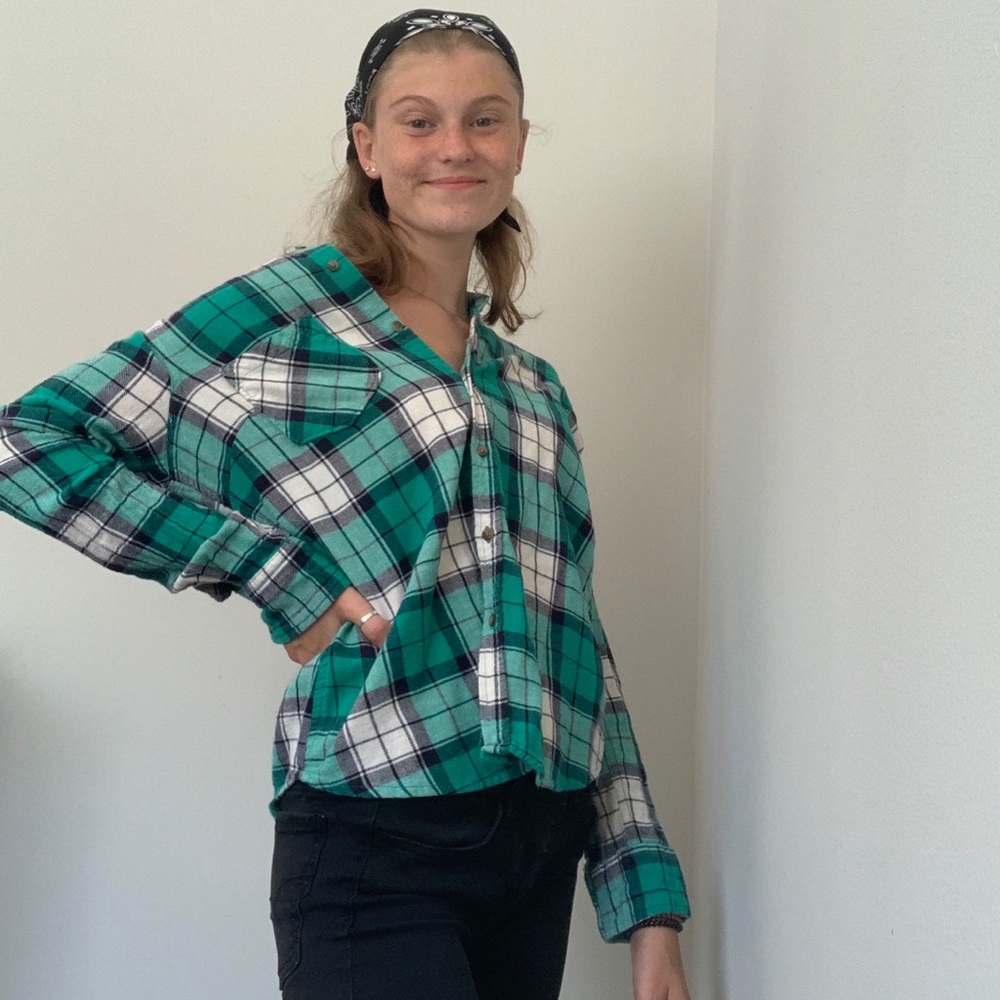 medium green and black checkered button up